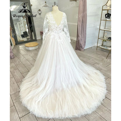 Vestido Novia Long Sleeve Lace Plus Size Backless V Neckline Wedding Dress for Bride 2024 Appliques Women Wedding Gown gelinlik