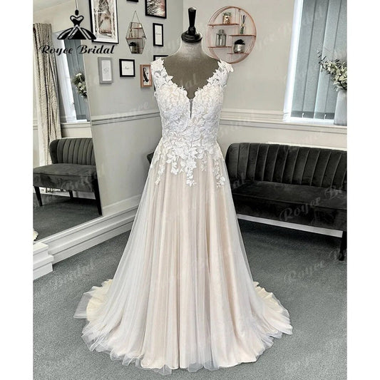 Vestido Novia Robe Civil Lace Beach Champagne Wedding Dress with V Neck 2024 Women Bridal Gown Robe de mariee Summer NumberSea