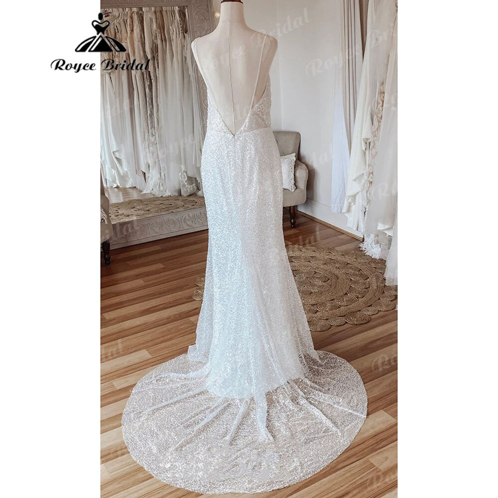 Vestido Novia Sparkly Sequined Boho Mermaid Wedding Dress Spaghetti Straps Bridal Reception Gown Wedding Party Dress Elegant