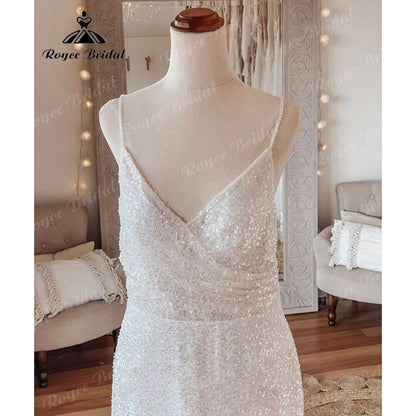 Vestido Novia Sparkly Sequined Boho Mermaid Wedding Dress Spaghetti Straps Bridal Reception Gown Wedding Party Dress Elegant