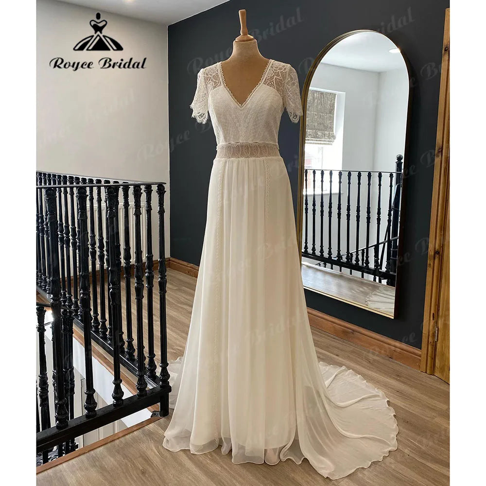 Vestido Novia Summer Bohemian Lace Chiffon Boho V Neck Wedding Gown for Women 2024 Robe Chic Wedding Dress with Short Sleeve