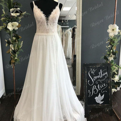 Vestido Novia Women Boho Wedding Dress with V Neck Lace Bodice Chiffon Backless Bridal Gown Beach Wedding Gowns Spaghetti Straps