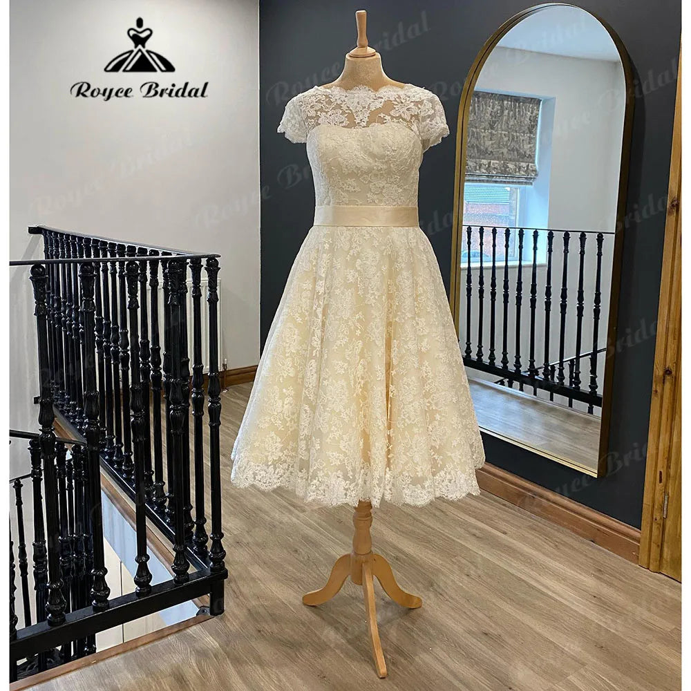 Vestidos Full Lace Short Knee-Length Wedding Dress for Women 2024 Short Sleeve Bridal Gown vestido de novia corto NumberSea