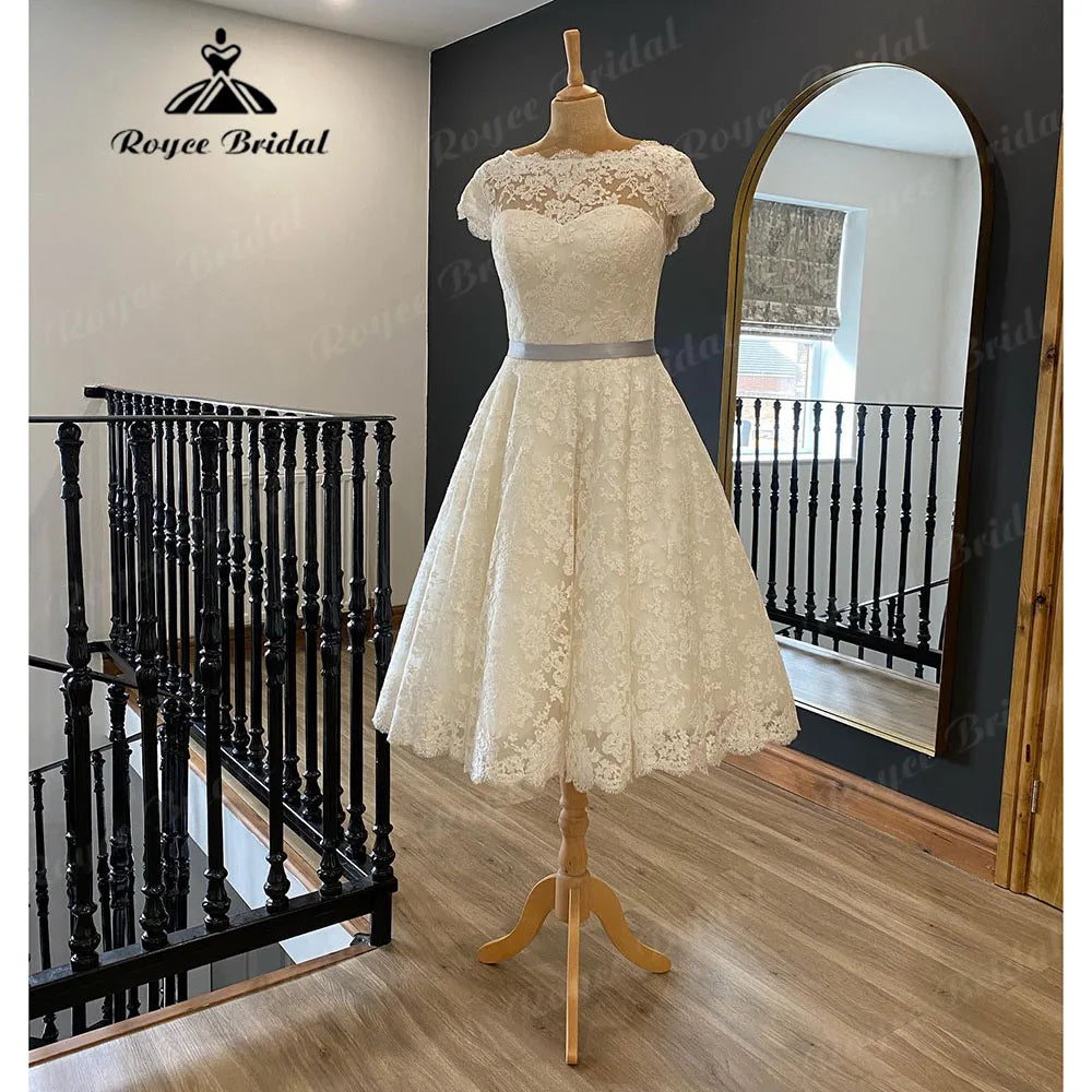 Vestidos Full Lace Short Knee-Length Wedding Dress for Women 2024 Short Sleeve Bridal Gown vestido de novia corto NumberSea