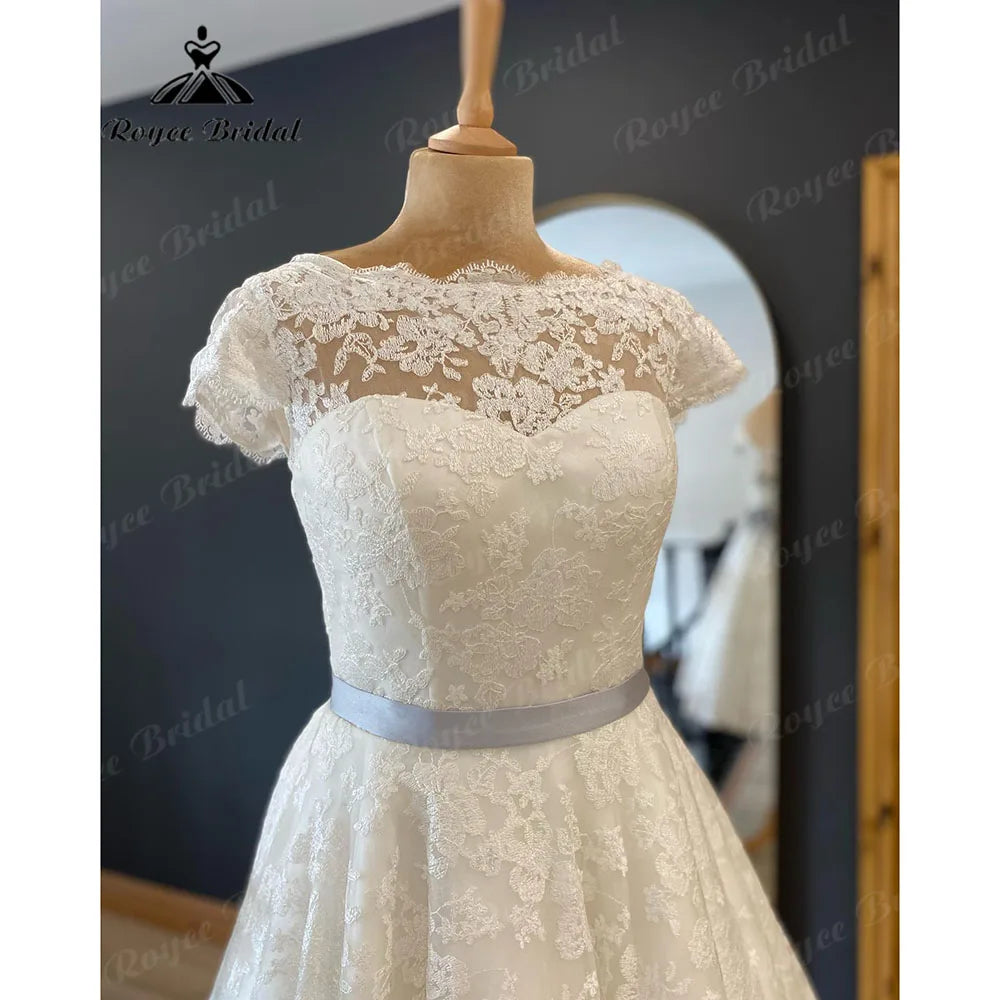 Vestidos Full Lace Short Knee-Length Wedding Dress for Women 2024 Short Sleeve Bridal Gown vestido de novia corto NumberSea