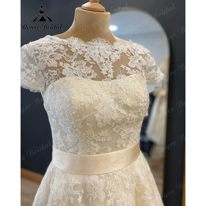 Vestidos Full Lace Short Knee-Length Wedding Dress for Women 2024 Short Sleeve Bridal Gown vestido de novia corto NumberSea