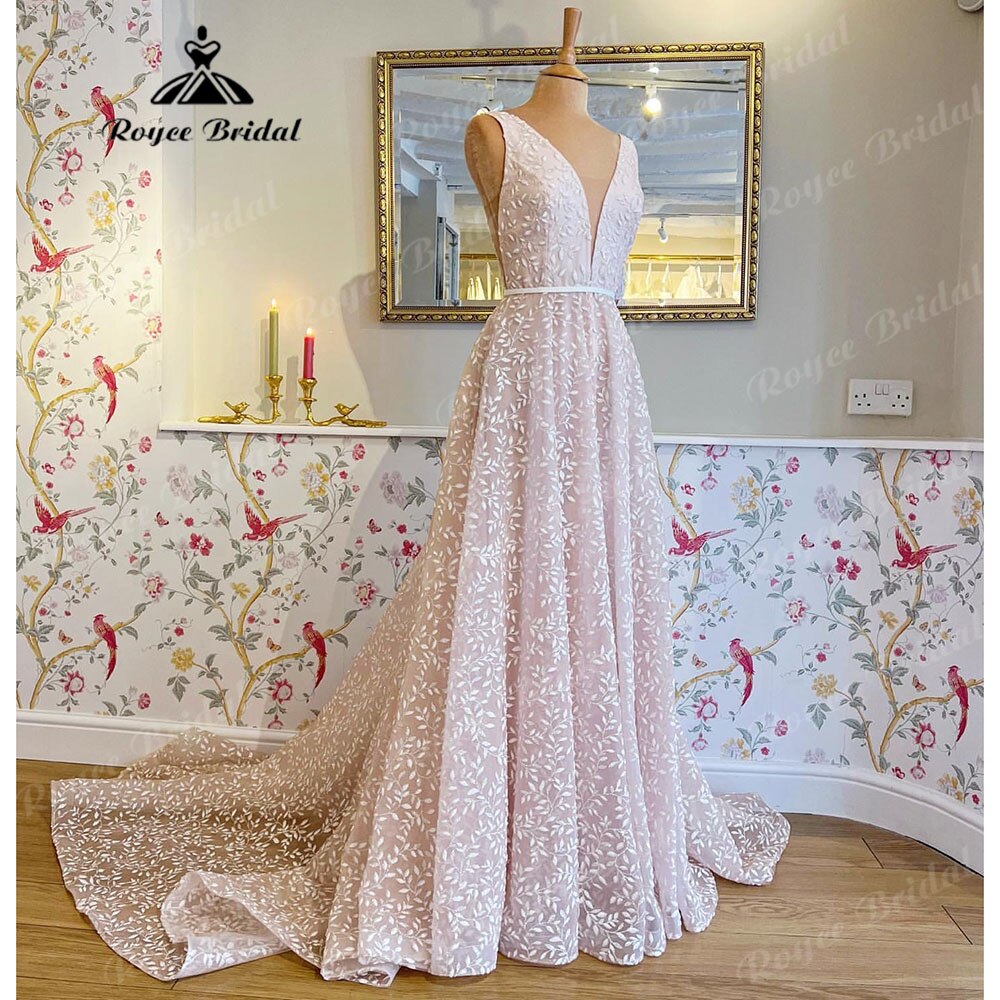 Vestidos Novia Sparkly Pink Floral Lace Boho Sleeveless A Line Wedding Dress 2025 Bridal Wedding Receipt Dinner Party Gowns