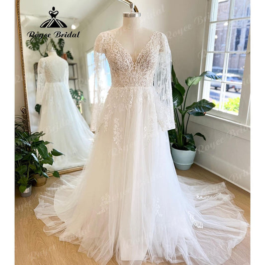 NumberSea Vinatge Boho Lace Long Sleeve Bridal Wedding Gown with V Neck 2025 Appliques Wedding Dress for Women vestido de fiesta de boda