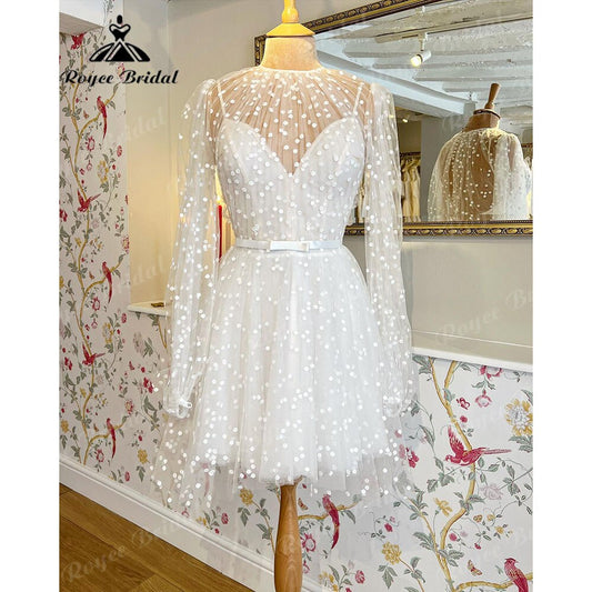 NumberSea Vinatge Dot Tüll Langarm Prinzessin Boho Kurze Hochzeit Kleid für Frauen 2025 Braut Empfang Kleid Frauen robe de soirée femme 