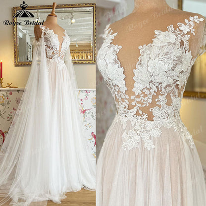 NumberSea Vinatge Floral Lace Appliques Transparent Illusion Wings Wedding Dress with Detachable Sleeves robe de soirée de mariage 2025