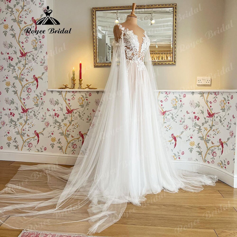 NumberSea Vinatge Floral Lace Appliques Transparent Illusion Wings Wedding Dress with Detachable Sleeves robe de soirée de mariage 2025