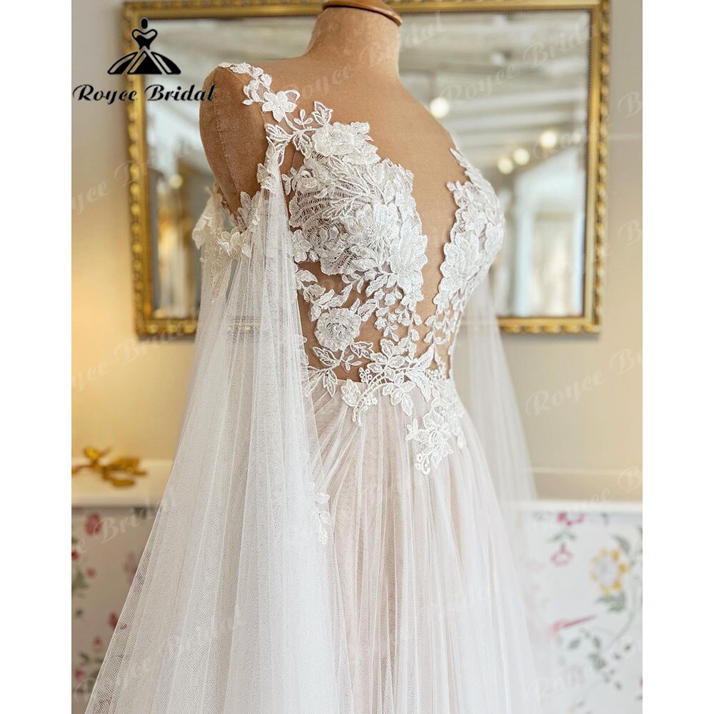 NumberSea Vinatge Floral Lace Appliques Transparent Illusion Wings Wedding Dress with Detachable Sleeves robe de soirée de mariage 2025