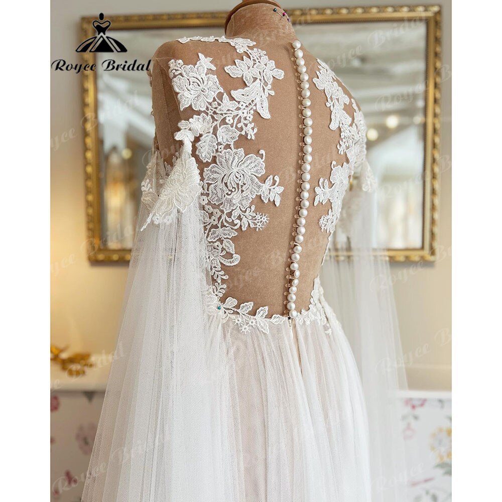 NumberSea Vinatge Floral Lace Appliques Transparent Illusion Wings Wedding Dress with Detachable Sleeves robe de soirée de mariage 2025