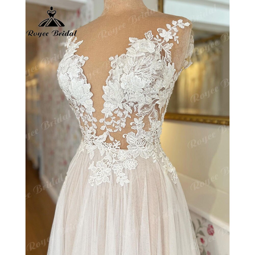 NumberSea Vinatge Floral Lace Appliques Transparent Illusion Wings Wedding Dress with Detachable Sleeves robe de soirée de mariage 2025