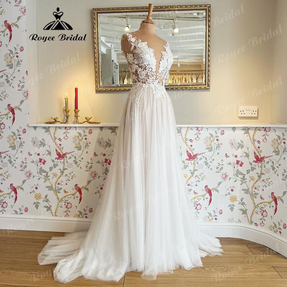 NumberSea Vinatge Floral Lace Appliques Transparent Illusion Wings Wedding Dress with Detachable Sleeves robe de soirée de mariage 2025