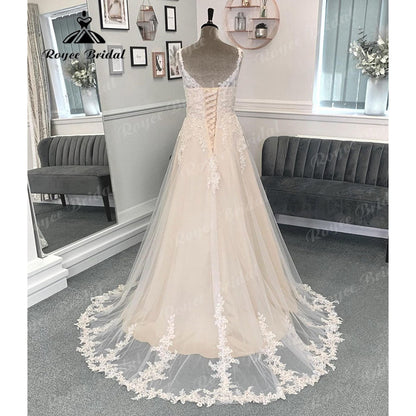 Vinatge Lace Appliques A Line V Neck Wedding Dress for Women 2024 Backless Lace Up Back Bridal Gown Sweep Train abito da sposa