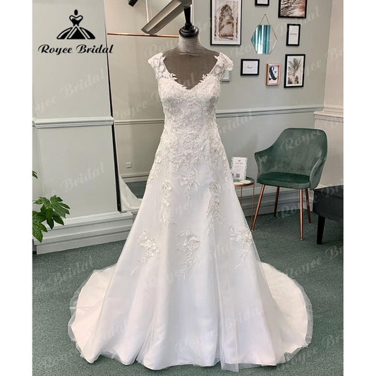 Vinatge Lace Appliques V Neck Soft Satin Wedding Dress with Short Sleeve 2024 Bridal Gown Backless vestido de novia NumberSea