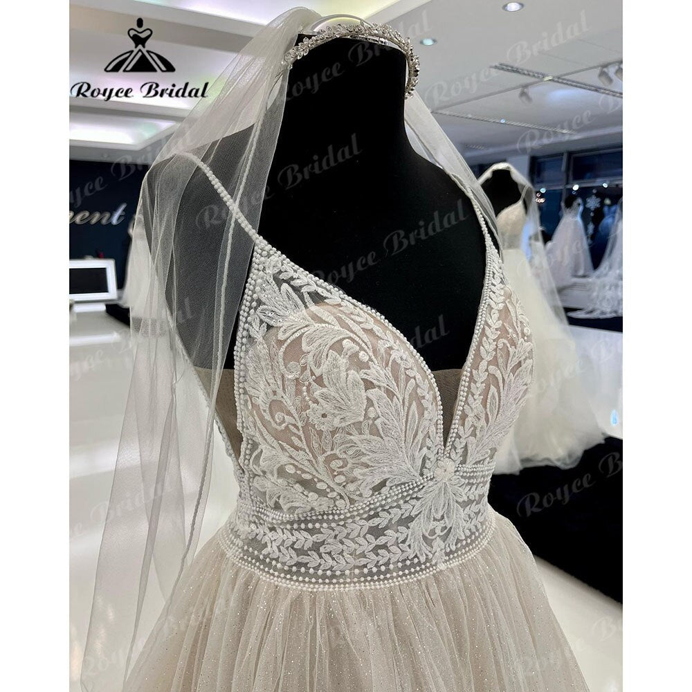 NumberSea Vinatge Lace Champagne Plunging Backless Summer Wedding Dress for Women Spaghetti Straps Wedding Gown Trouwjurk robe de mariee