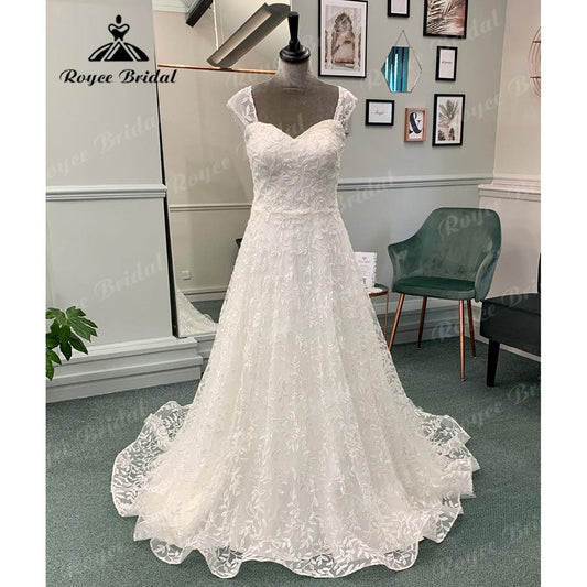 Vinatge Off Shoulder Full Lace Sweetheart Neck Wedding Dress for Bride 2024 Wedding Gown with Detachable Cap Sleeve NumberSea