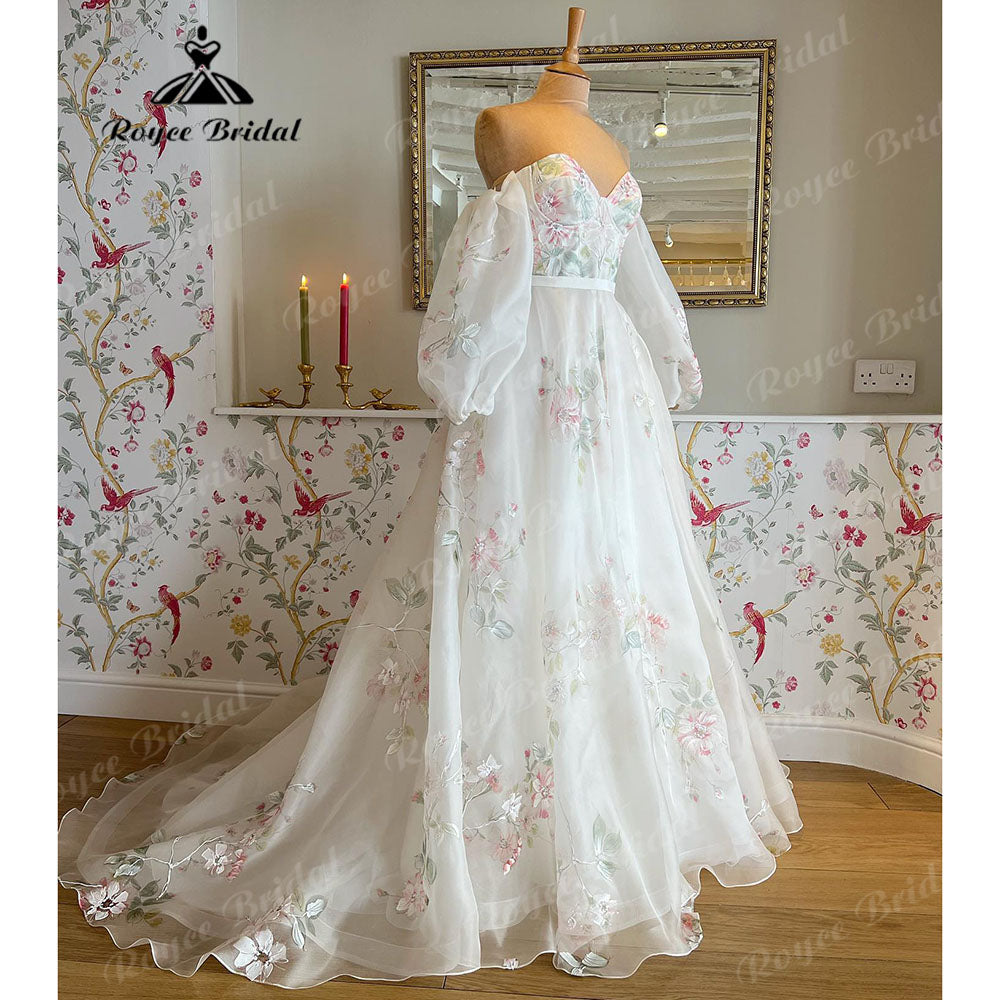 Vinatge Off Shoulder Princess Sweetheart Print Flower Wedding Dress with Detachable Long Puff Sleeve 2025 Wedding Party Dress