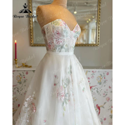 Vinatge Off Shoulder Princess Sweetheart Print Flower Wedding Dress with Detachable Long Puff Sleeve 2025 Wedding Party Dress