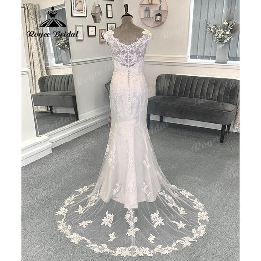 Vinatge Scoop Neckline Cap Sleeve Wedding Gown for Women 2024 Bridal Wedding Dress Sweep Train vestido branco sereia NumberSea