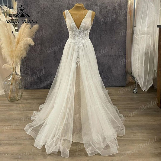 NumberSea Vinatge V-Ausschnitt A-Linie Boho Spitzenapplikationen Hochzeitskleid Rückenfrei 2025 Vestidos Robe Civil Tüll Robe De Mariée Elegant Beach 