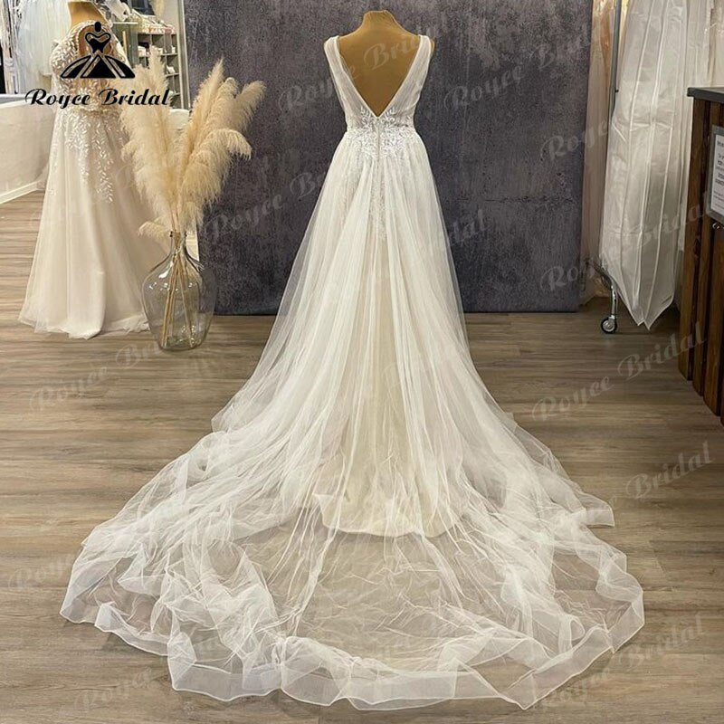 NumberSea Vinatge V Neck A Line Boho Lace Appliques Wedding Dress Backless 2025 Vestidos Robe Civil Tulle Robe De Mariée Elegant Beach