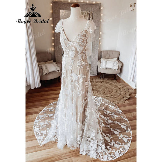 Vintage Behemian Boho Full Lace Backless Beach Wedding Dress with V Neck 2025 Bridal Gowns vestido de noiva simples NumberSea