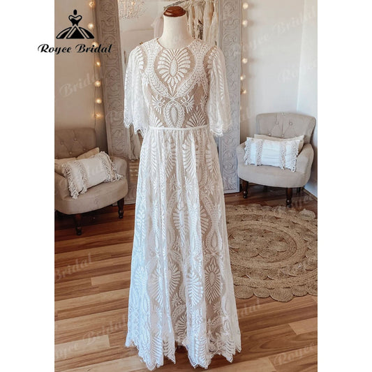 Vintage Bohemian Lace Boho Beach Open Back Women Wedding Dress with Sleeve 2025 Robe Mariee Bridal Gown Custom Made Floor Length