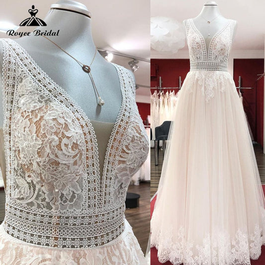 Vintage Boho Champagne Wedding Dress Lace Appliques V Neck Sleeveless Sweep Train Beach 2022 Vestidos Elegant Birdal Civil Robe