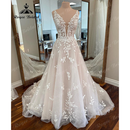 Vintage Deep V Neck Lace Applique A Line Beach Women Wedding Dress 2025 Birdal Gown Custom Made vestido de casamento NumberSea