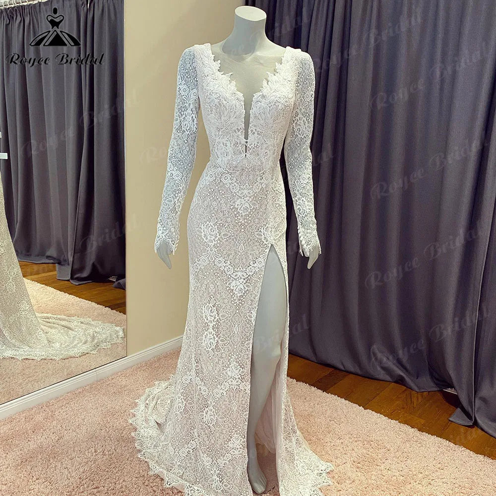 NumberSea Vintage Lace Long Sleeve Split Side Women Mermaid Wedding Dress with V Neck 2024 Chic Bridal Gown Robe de mariee NumberSea