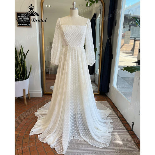 Vintage Princess Polka Dot Tulle Puff Long Sleeve Beach A Line Wedding Gown Open Back Square Collar Neckline Floor-Length 2025