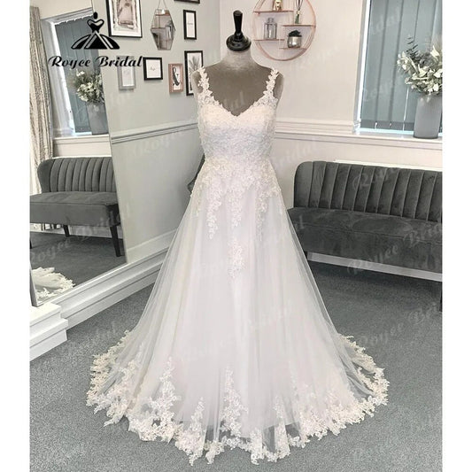 Vintage Spaghetti Straps Lace Appliques Wedding Dress with V Neck 2024 Backless Bridal Gown Women robe de soirée de mariage Sexy