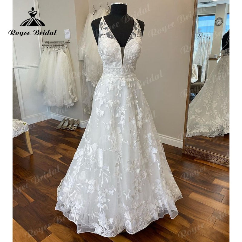 NumberSea Vintage V Neck Lace Wedding Dress Backless Sweep Train 2025 Boho Sleeveless Elegant Bridal Beach Wedding Gown Vestidos Novias