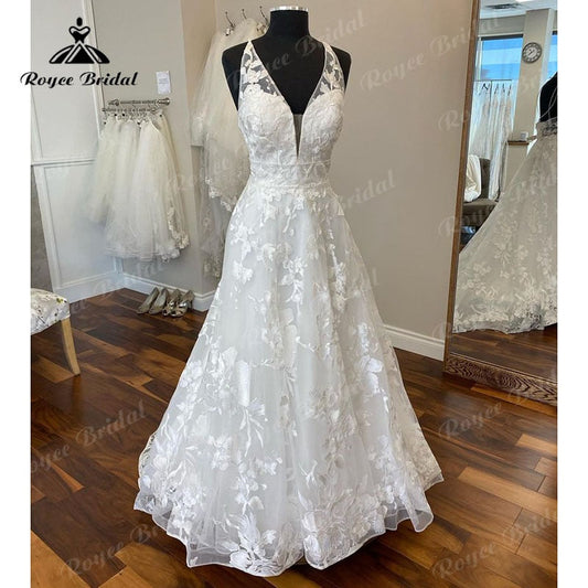 NumberSea Vintage V-Ausschnitt Spitze Hochzeitskleid Rückenfrei Sweep Zug 2025 Boho Ärmellos Elegantes Braut Strand Hochzeitskleid Vestidos Novias 