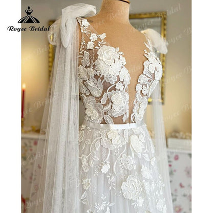 Wedding Dress with Cape Deep V Neck Lace Appliques Floral Sweep 2025 Birdal Civil Beach Wedidng Gowns vestidos de novia Elegant