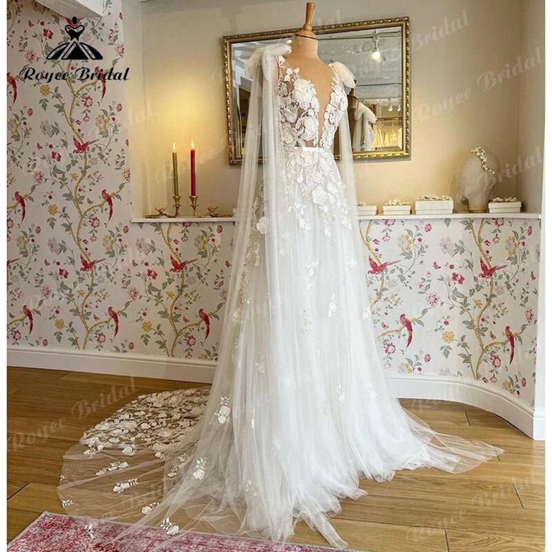 Wedding Dress with Cape Deep V Neck Lace Appliques Floral Sweep 2025 Birdal Civil Beach Wedidng Gowns vestidos de novia Elegant