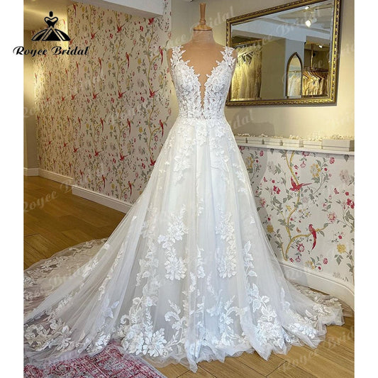 Wedding Dress with V Neck 2025 Luxury Lace Appliques Bride Court Train Wedding Gown for Women Custom Made Vestidos de Novia