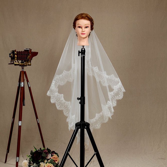 NumberSea - Wedding Veil One - tier Fingertip Lace Applique Tulle