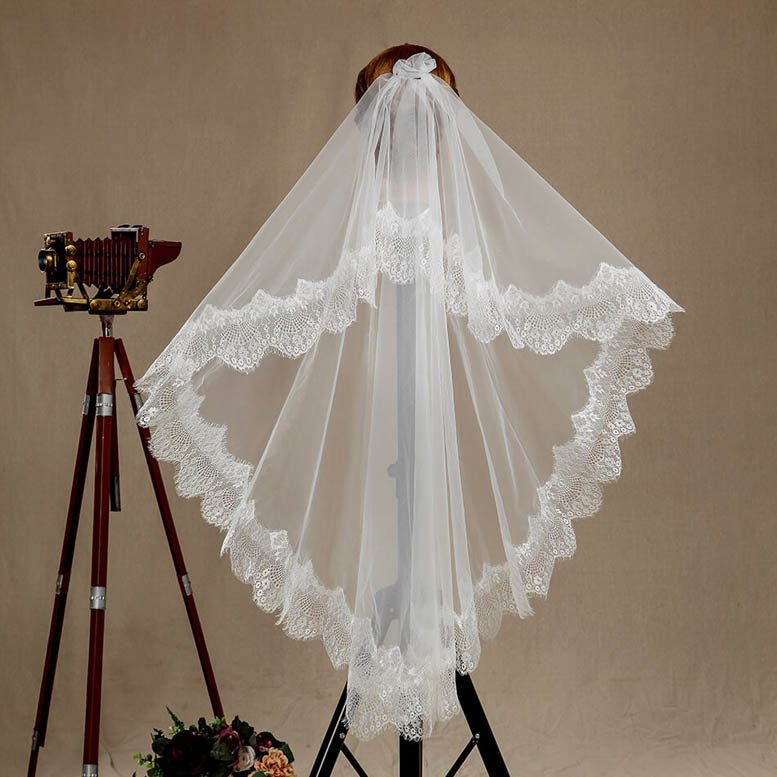 NumberSea - Wedding Veil One - tier Fingertip Lace Applique Tulle