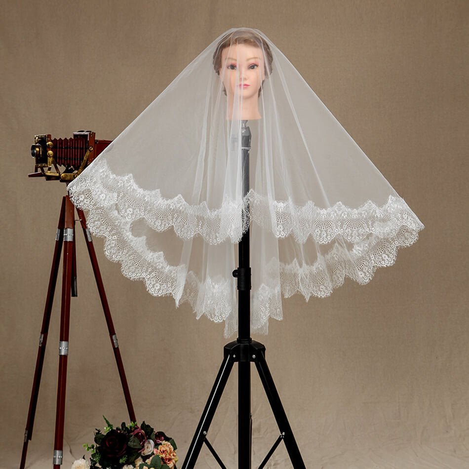 NumberSea - Wedding Veil One - tier Fingertip Lace Applique Tulle