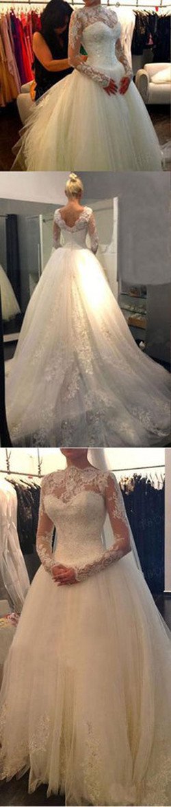 NumberSea White Long Sleeve Cheap V-back A-line Lace Tulle Wedding Dresses, MW238