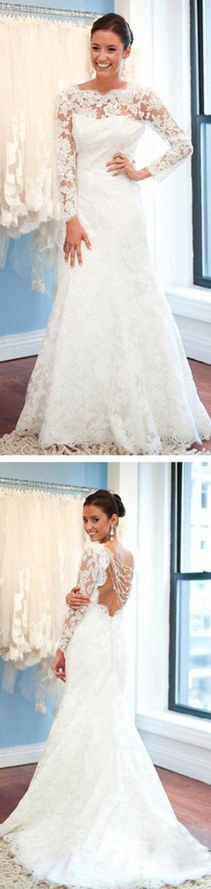 NumberSea White Long Sleeve Lace Round Neck Backless Mermaid Wedding Dresses, MW242