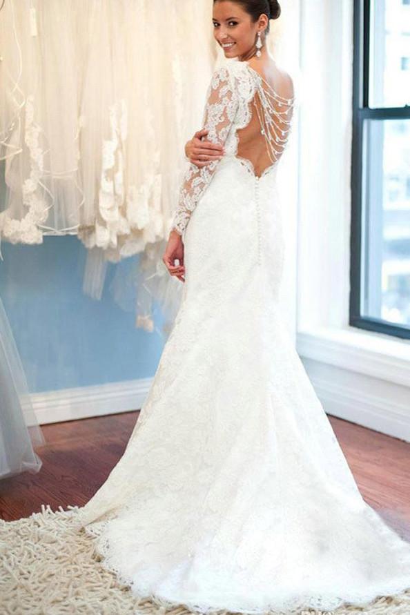 NumberSea White Long Sleeve Lace Round Neck Backless Mermaid Wedding Dresses, MW242