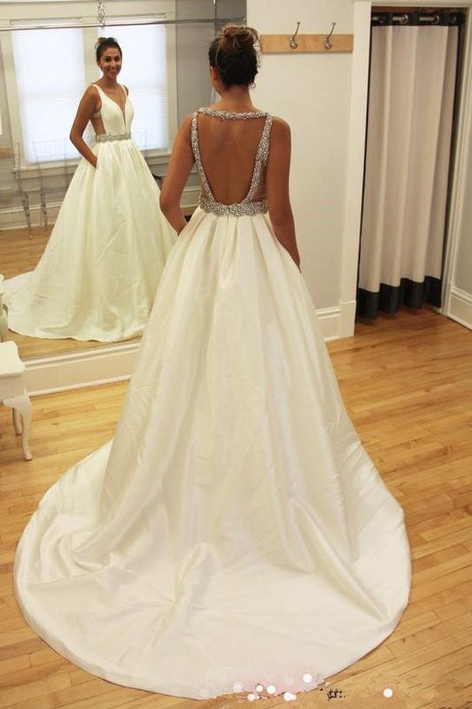 NumberSea White Beaded Deep V Neckline A-line Backless Long Wedding Dresses, MW214