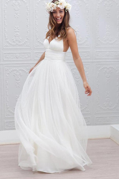 NumberSea White Tulle V neck Spaghetti Straps Backless Simple Beach Wedding Dresses, MW188