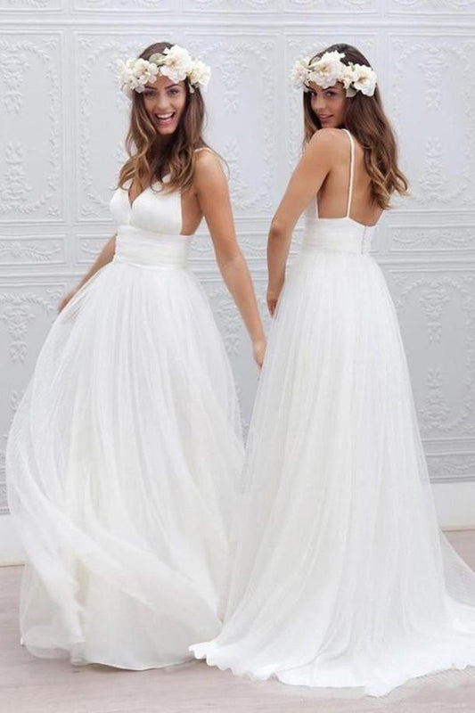 NumberSea White Tulle V neck Spaghetti Straps Backless Simple Beach Wedding Dresses, MW188