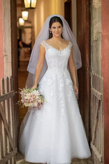 NumberSea White A-line V-neck Wedding Dresses With Lace Appliques, Bridal Gown, MW826